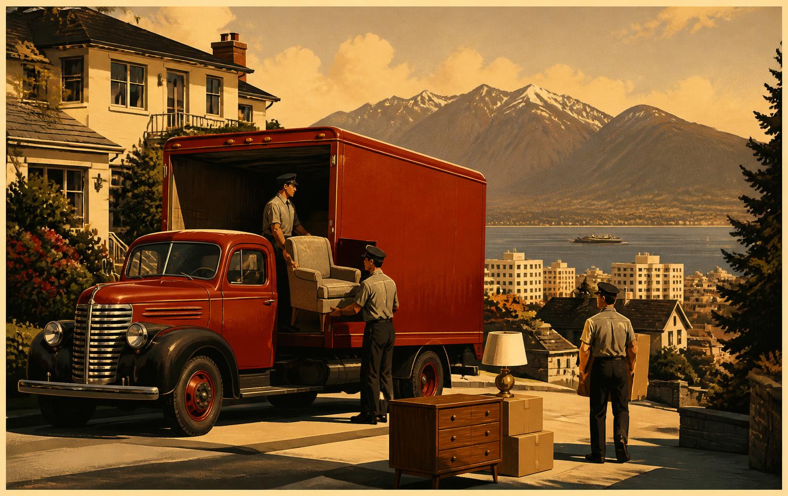 Casablanca Transportation crew loading a red moving truck with the North Shore mountains behind
